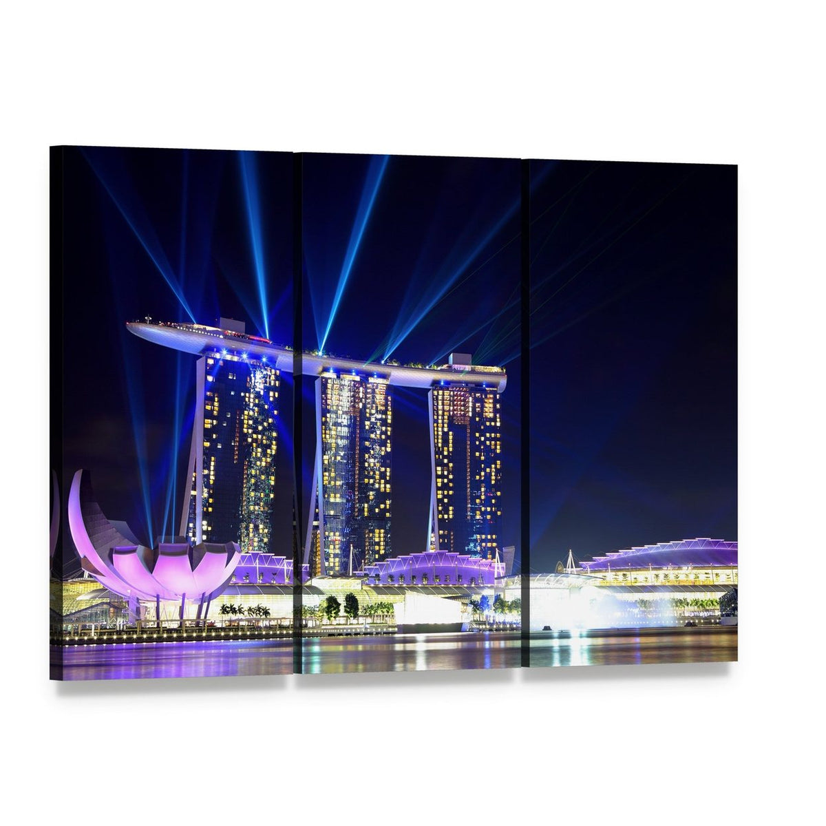 Singapore Skyline at Night Canvas Wall Art, 3 panel 3 Horizontal layout gallery wrapped canvas set, angled product view