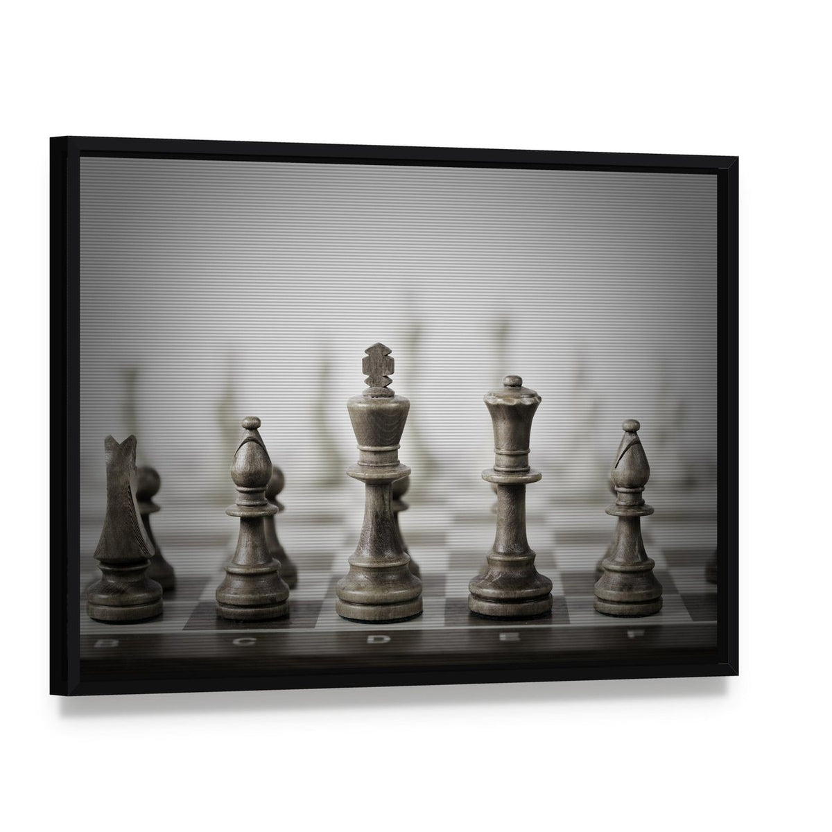 Chess Game Abstract Canvas Wall Art, framed canvas in a black floater frame, angled product view