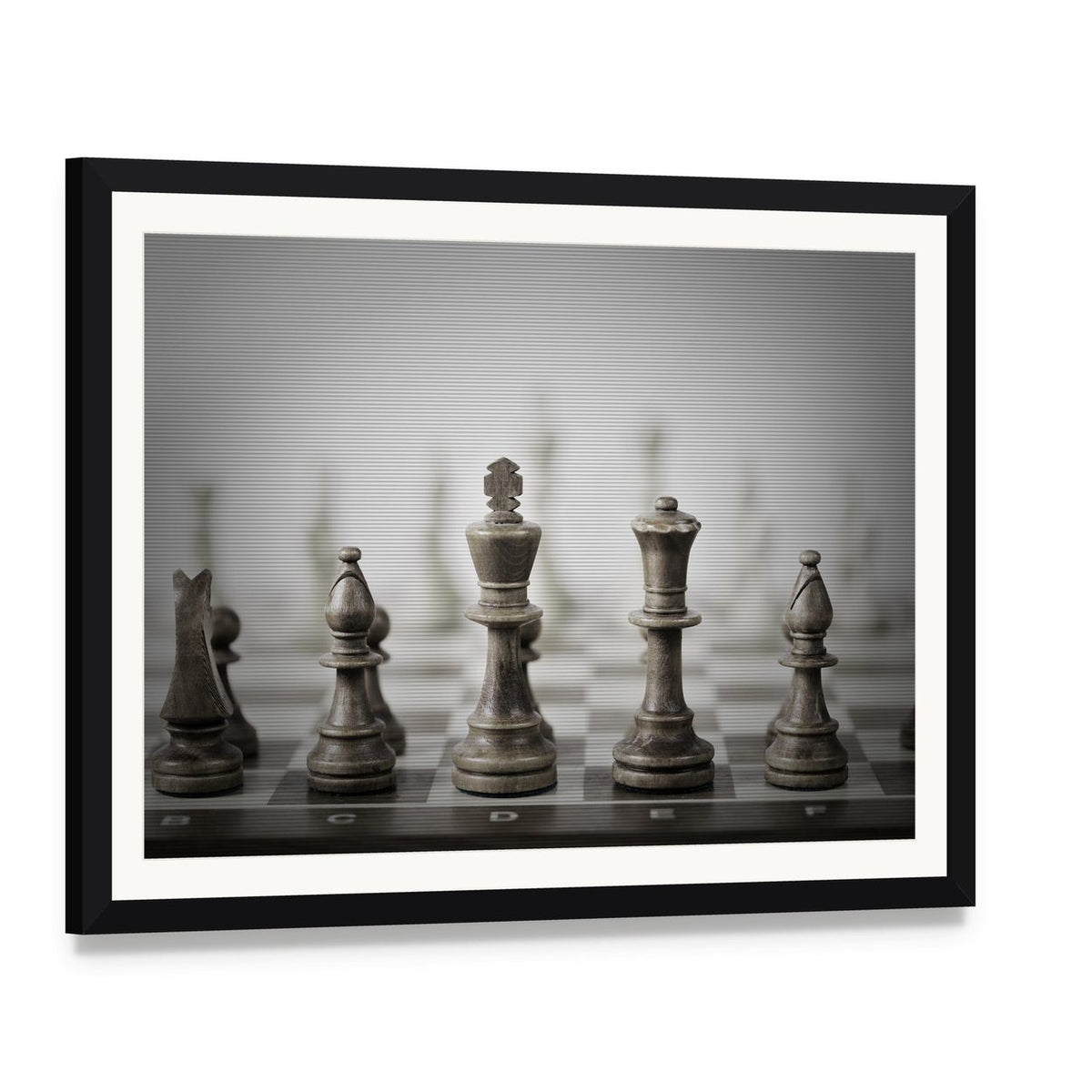 Chess Game Abstract Canvas Wall Art, framed print with white mat and black frame, angled product view