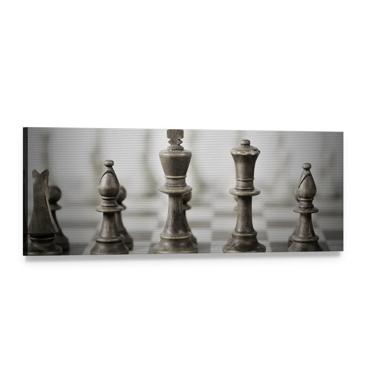 Sepia Metallic Chess Pieces on Chessboard Panoramic Canvas Wall Art, single panel gallery wrapped canvas, angled product view