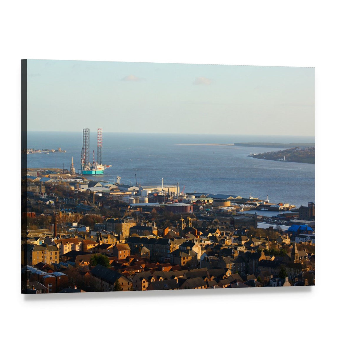Coastal City Skyline with Offshore Rig Canvas Wall Art, single panel gallery wrapped canvas, angled product view