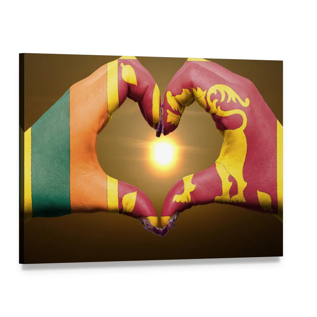 Hands Forming Heart with Sri Lankan Flag Canvas Wall Art, single panel gallery wrapped canvas, angled product view