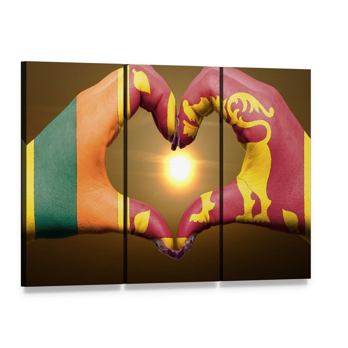 Hands Forming Heart with Sri Lanka Flag Canvas Wall Art, 3 panel 3 Horizontal layout gallery wrapped canvas set, angled product view