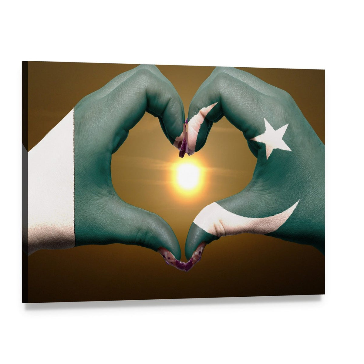 Hands Forming Heart Over Pakistani Flag Canvas Wall Art, single panel gallery wrapped canvas, angled product view