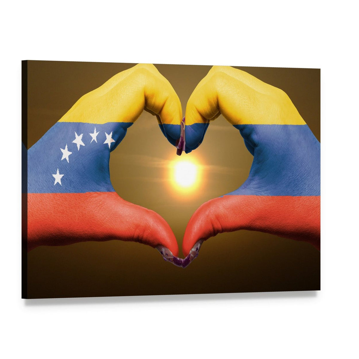 Hands Forming Heart with Venezuelan Flag Canvas Wall Art, single panel gallery wrapped canvas, angled product view