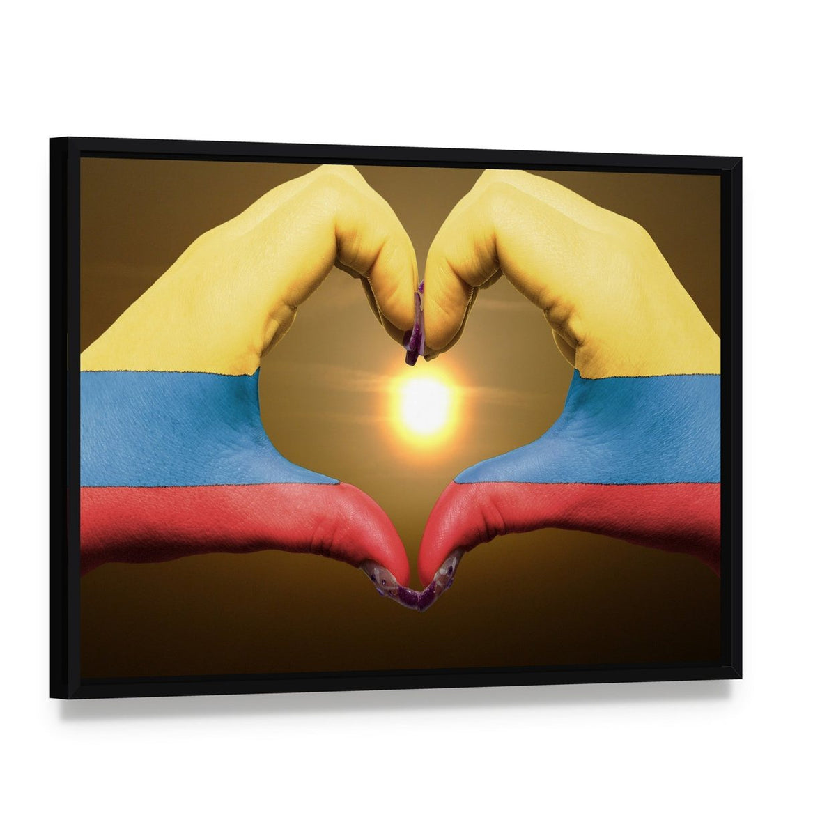 Hands Forming Heart with Colombian Flag Canvas Wall Art, framed canvas in a black floater frame, angled product view