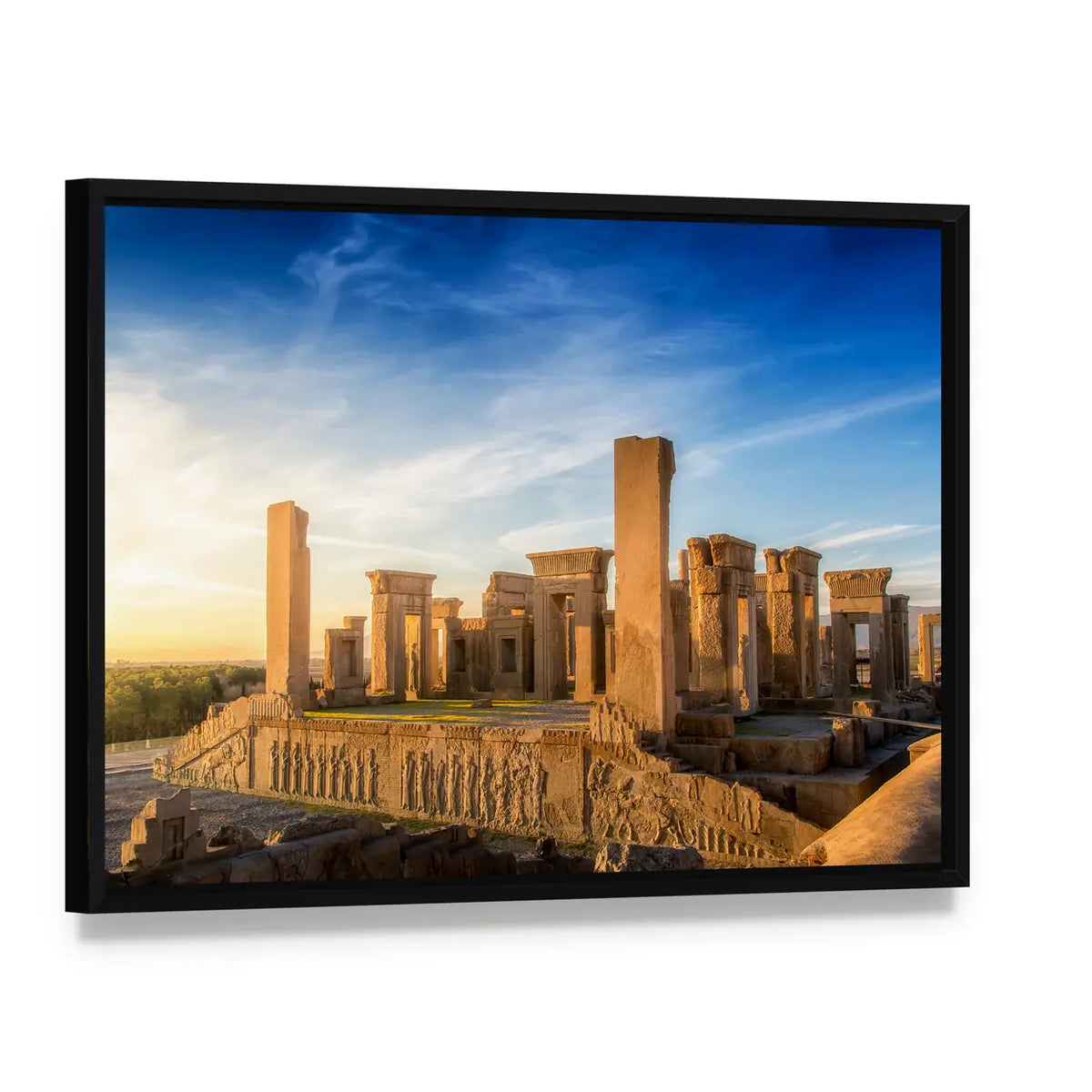 Persepolis Achaemenid Empire Ruins Canvas Wall Art, framed canvas in a black floater frame, angled product view
