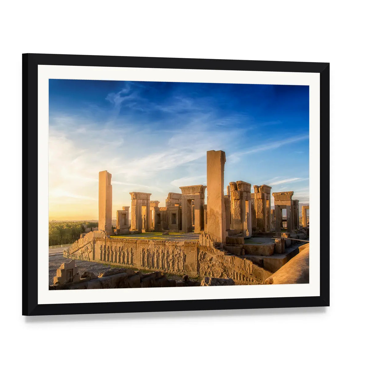 Persepolis Achaemenid Empire Ruins Canvas Wall Art, framed print with white mat and black frame, angled product view