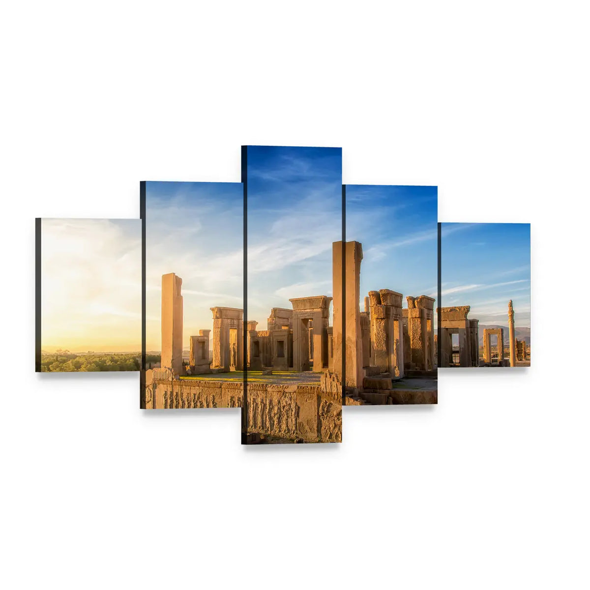 Persepolis Achaemenid Empire Ruins Canvas Wall Art, 5 panel 5 Star layout gallery wrapped canvas set, angled product view