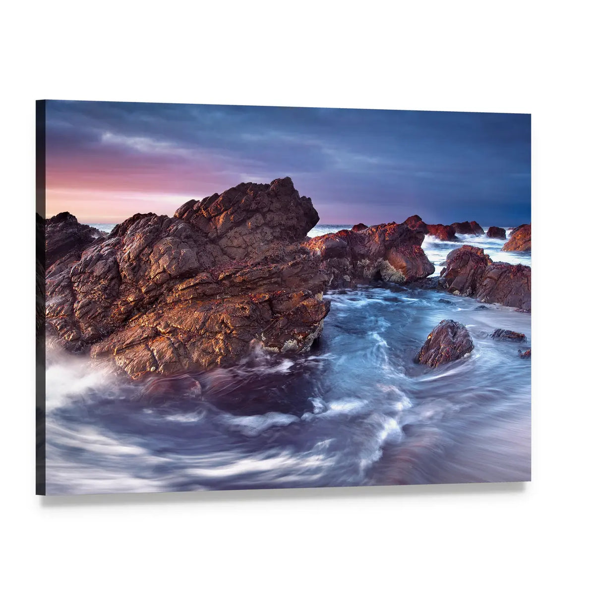 Rocky Shore at Sunset Canvas Wall Art, single panel gallery wrapped canvas, angled product view