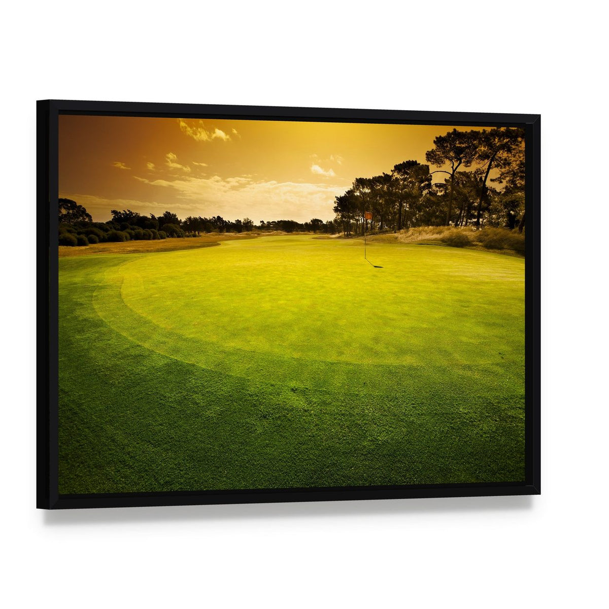 Golf Green Sunset Canvas Wall Art, framed canvas in a black floater frame, angled product view