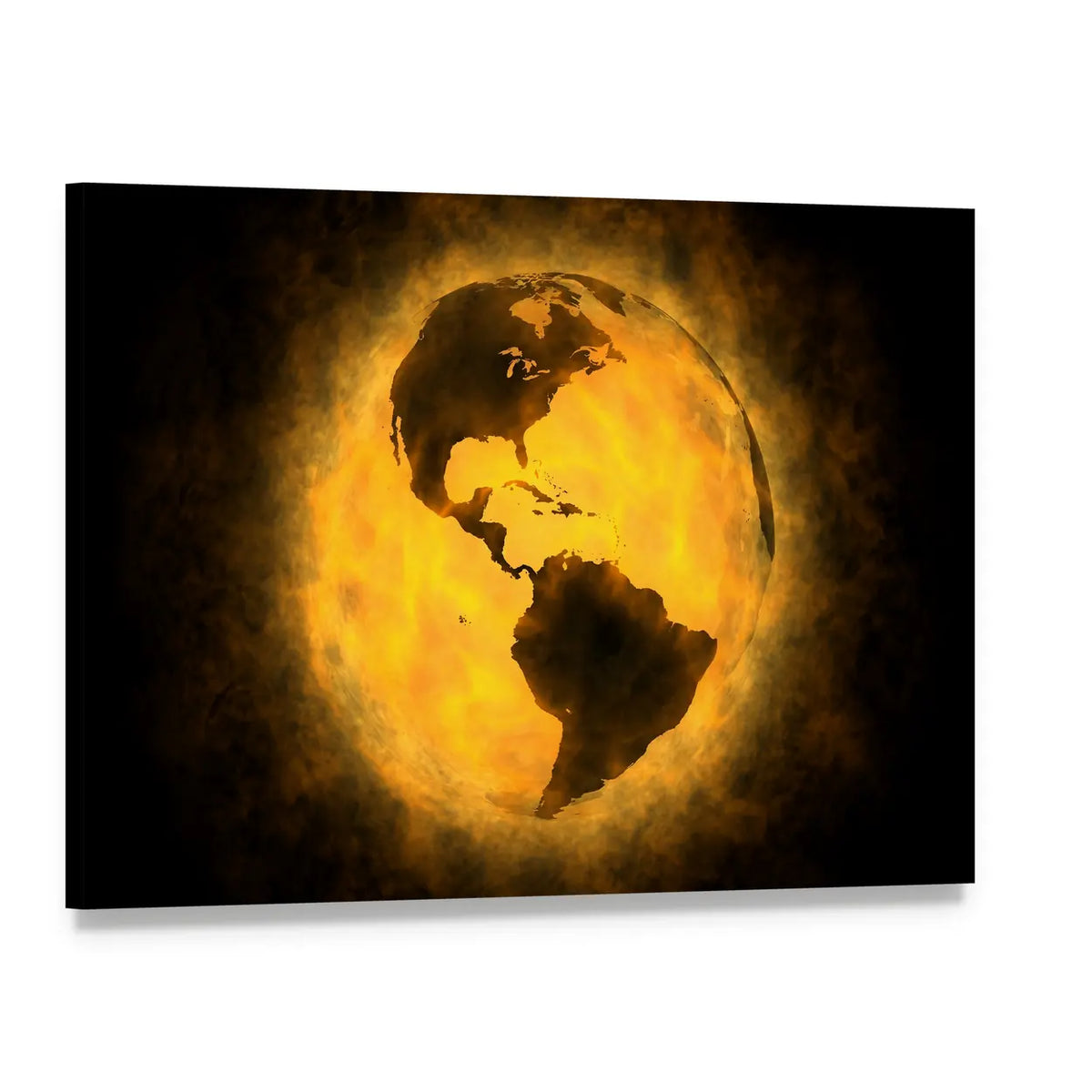 Planet Earth in Flames with Americas Silhouette Canvas Wall Art, single panel gallery wrapped canvas, angled product view