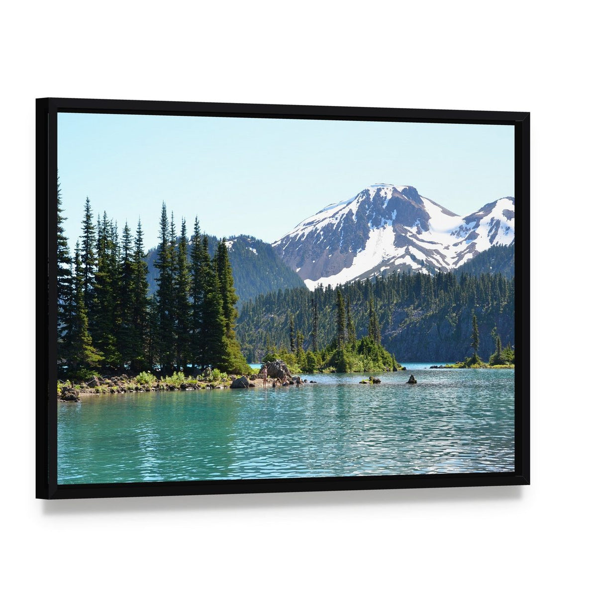 Garibaldi Lake Canvas Wall Art, framed canvas in a black floater frame, angled product view