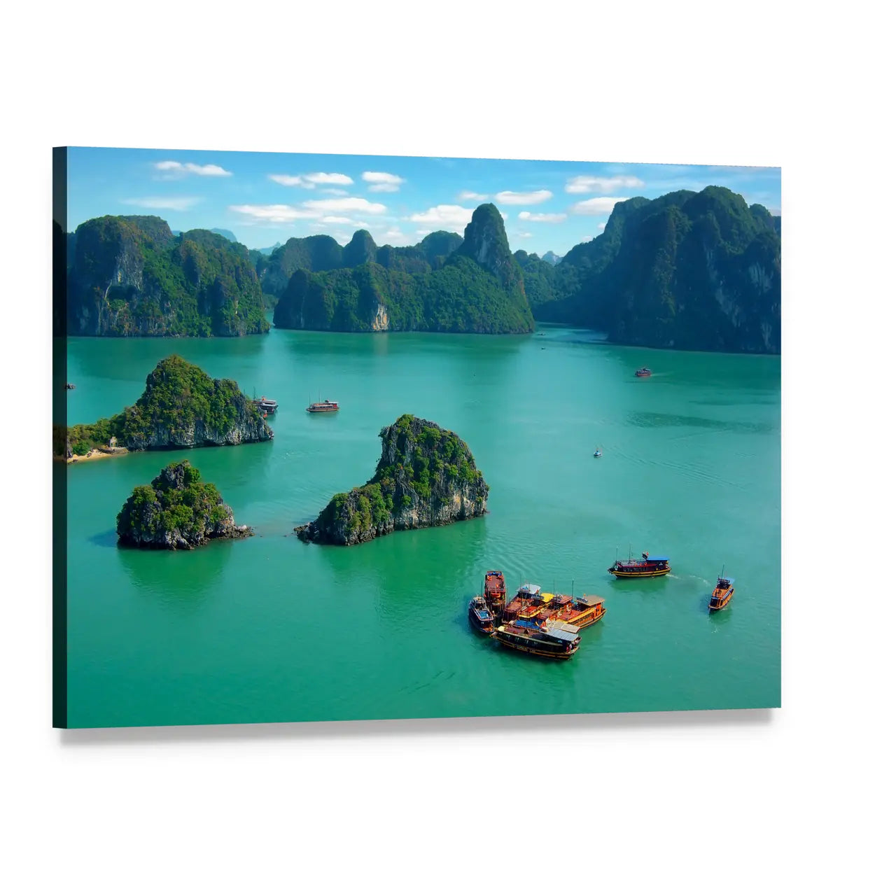 Ha Long Bay Limestone Karsts with Junk Boats Canvas Wall Art, single panel gallery wrapped canvas, angled product view