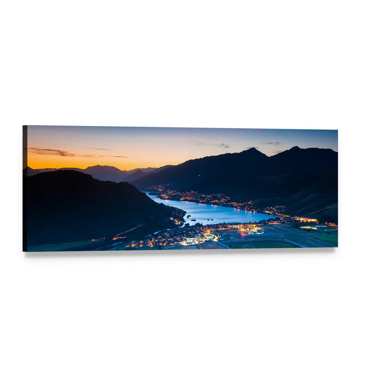 Queenstown Twilight with Lake and City Lights Panoramic Canvas Wall Art, single panel gallery wrapped canvas, angled product view