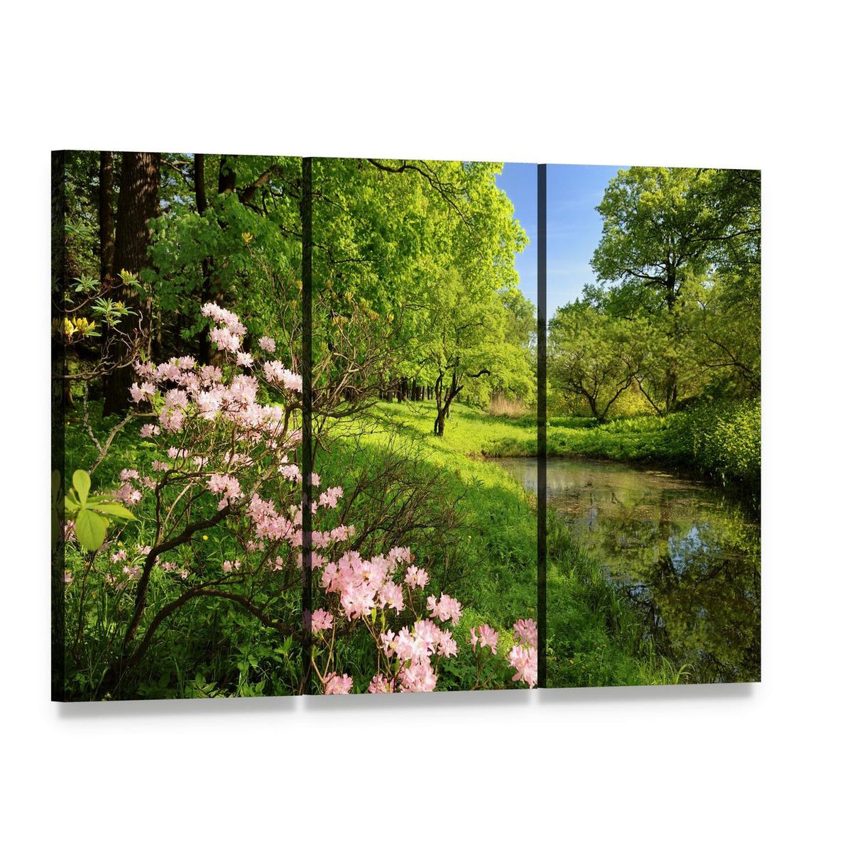 Spring Landscape with Pond and Rhododendron Canvas Wall Art, 3 panel 3 Horizontal layout gallery wrapped canvas set, angled product view