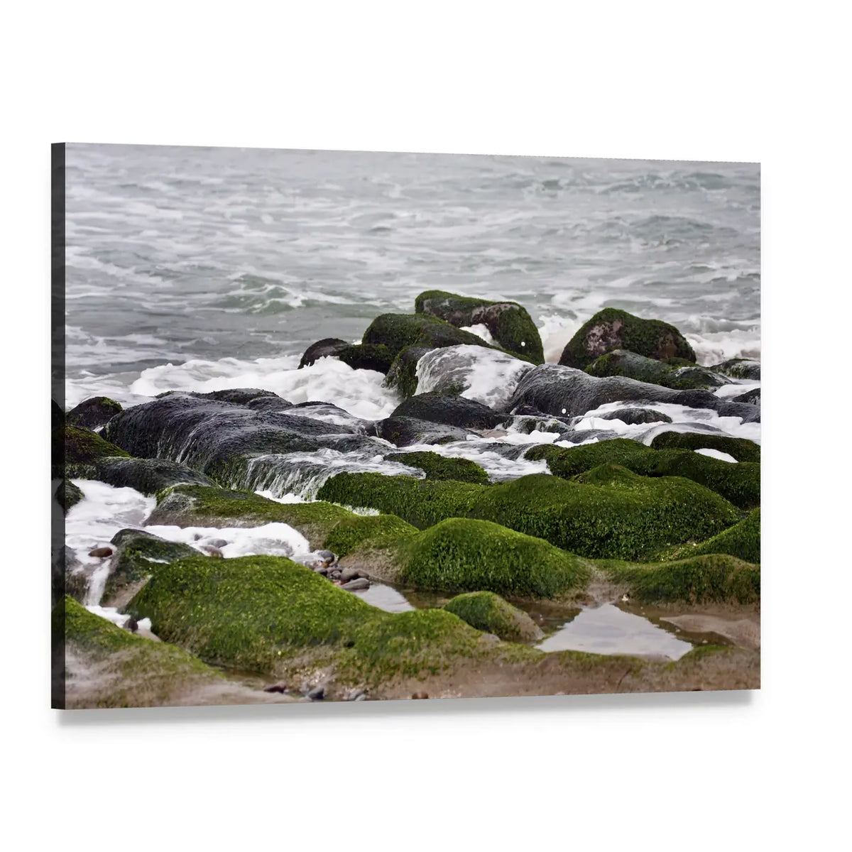 Moss-covered Rocks and Crashing Waves Canvas Wall Art, single panel gallery wrapped canvas, angled product view