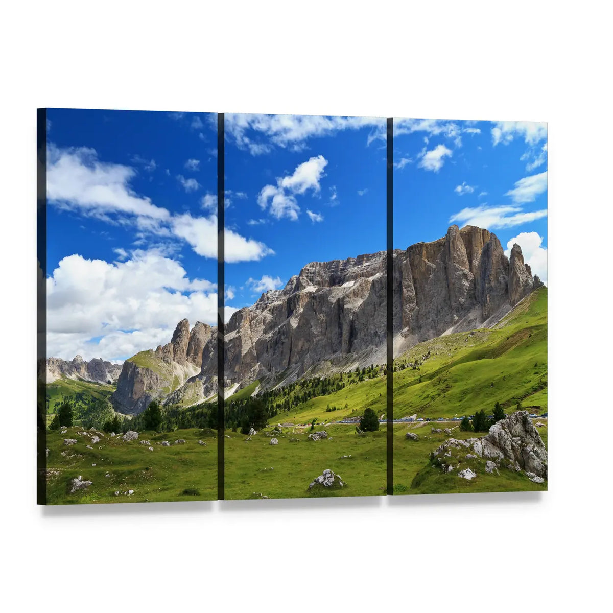 Sella Mountain in the Italian Dolomites Canvas Wall Art, 3 panel 3 Horizontal layout gallery wrapped canvas set, angled product view