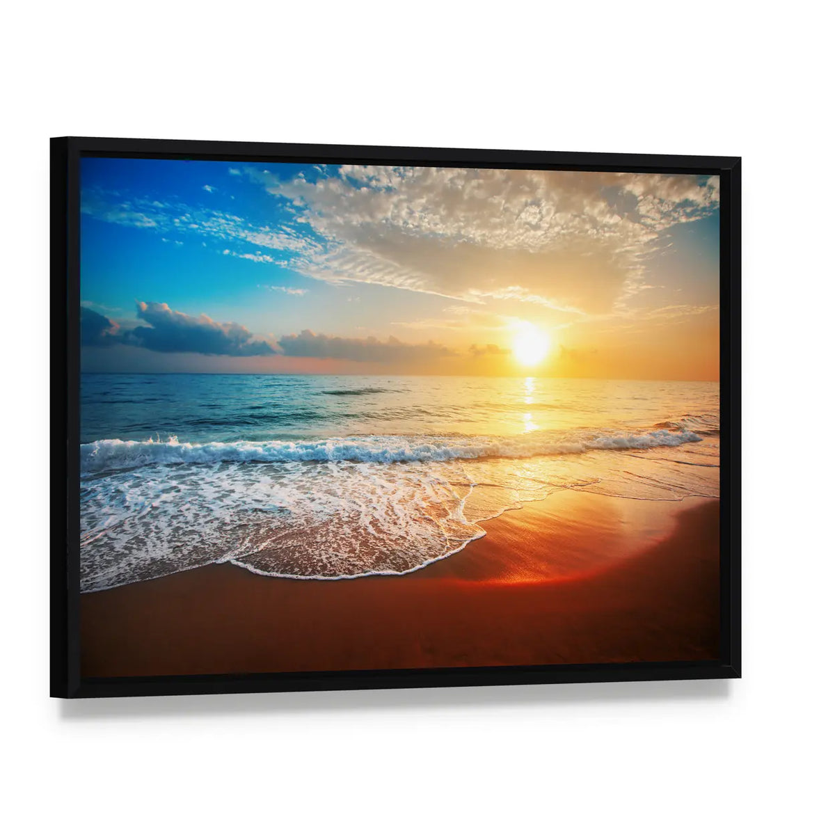 Sea Beach At Sunset Canvas Wall Art, framed canvas in a black floater frame, angled product view