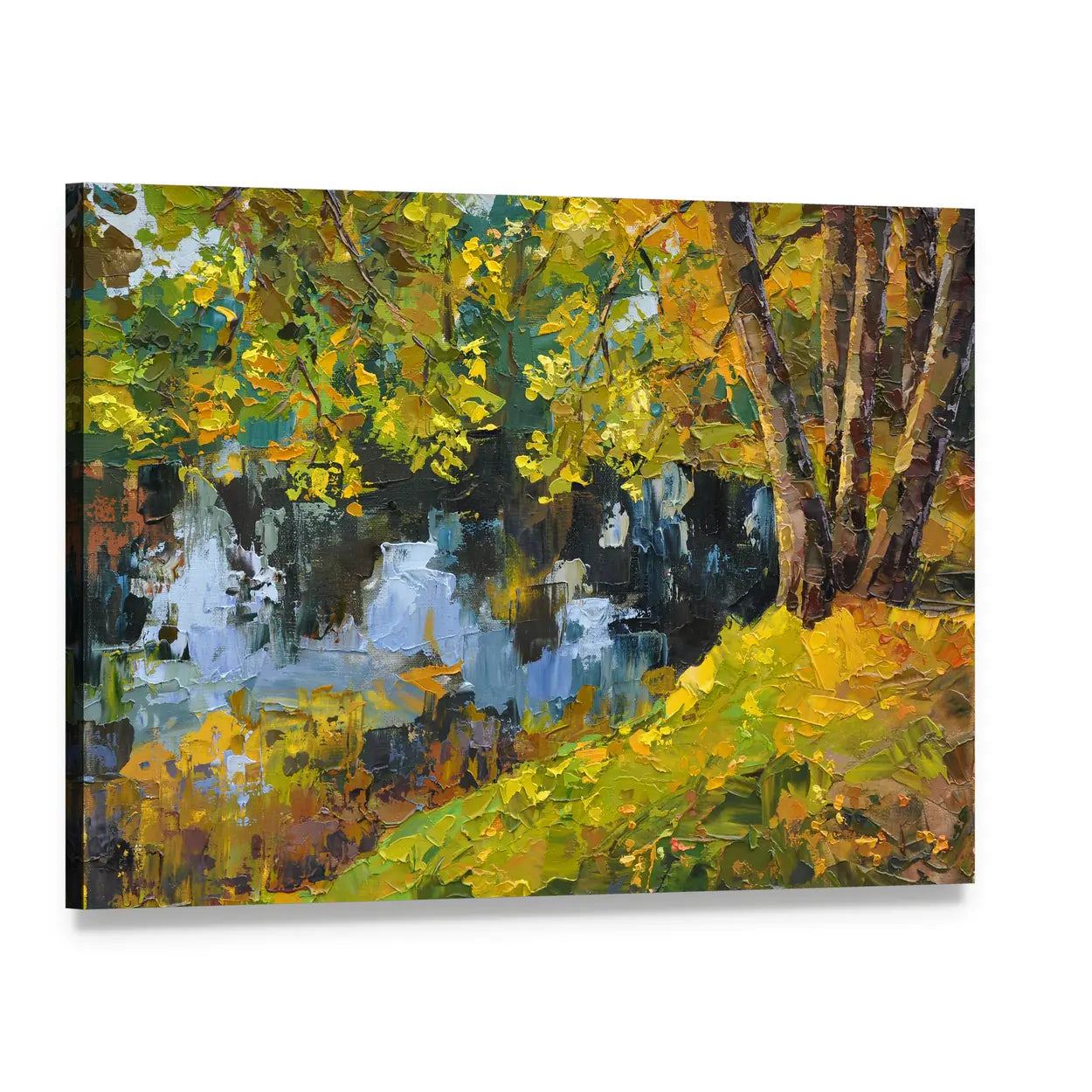 Autumn Day on the Lake Canvas Wall Art, single panel gallery wrapped canvas, angled product view