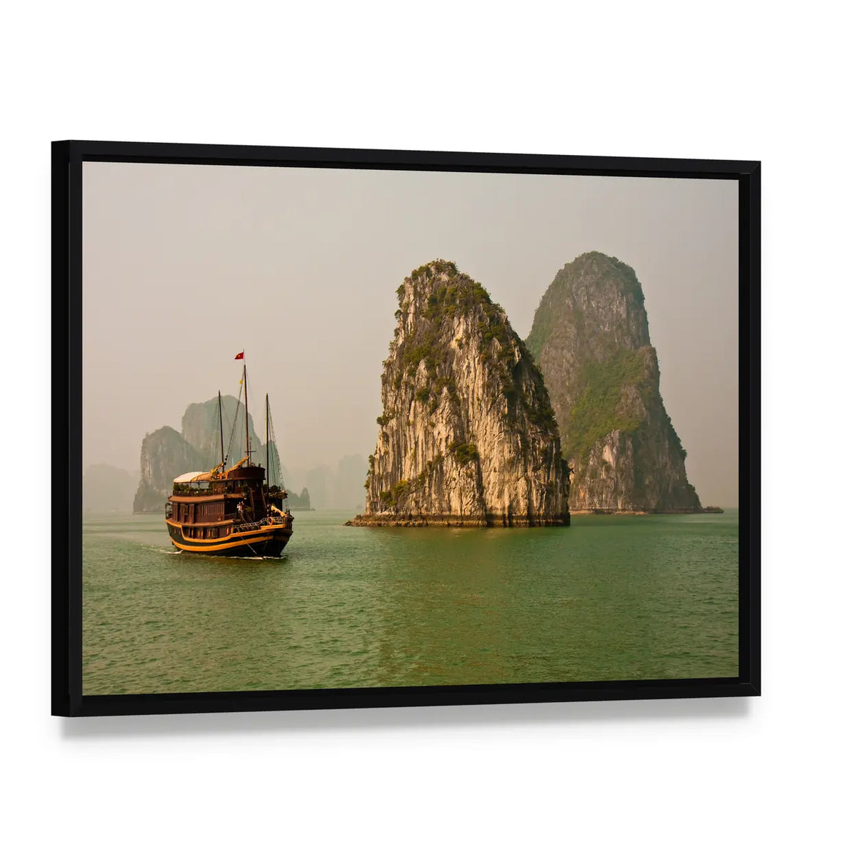 Boat in Halong Bay, Vietnam Canvas Wall Art, framed canvas in a black floater frame, angled product view