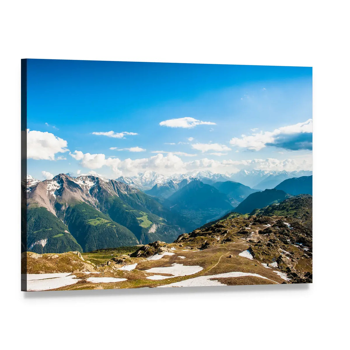 Snow-dusted Mountain Valley Canvas Wall Art, single panel gallery wrapped canvas, angled product view