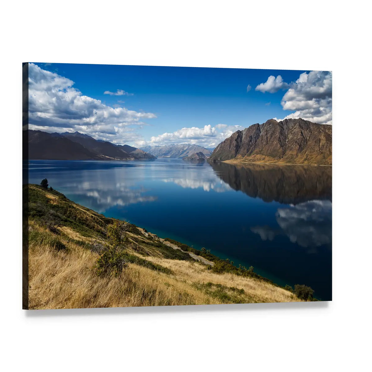 Mountain Lake Reflection Canvas Wall Art, single panel gallery wrapped canvas, angled product view