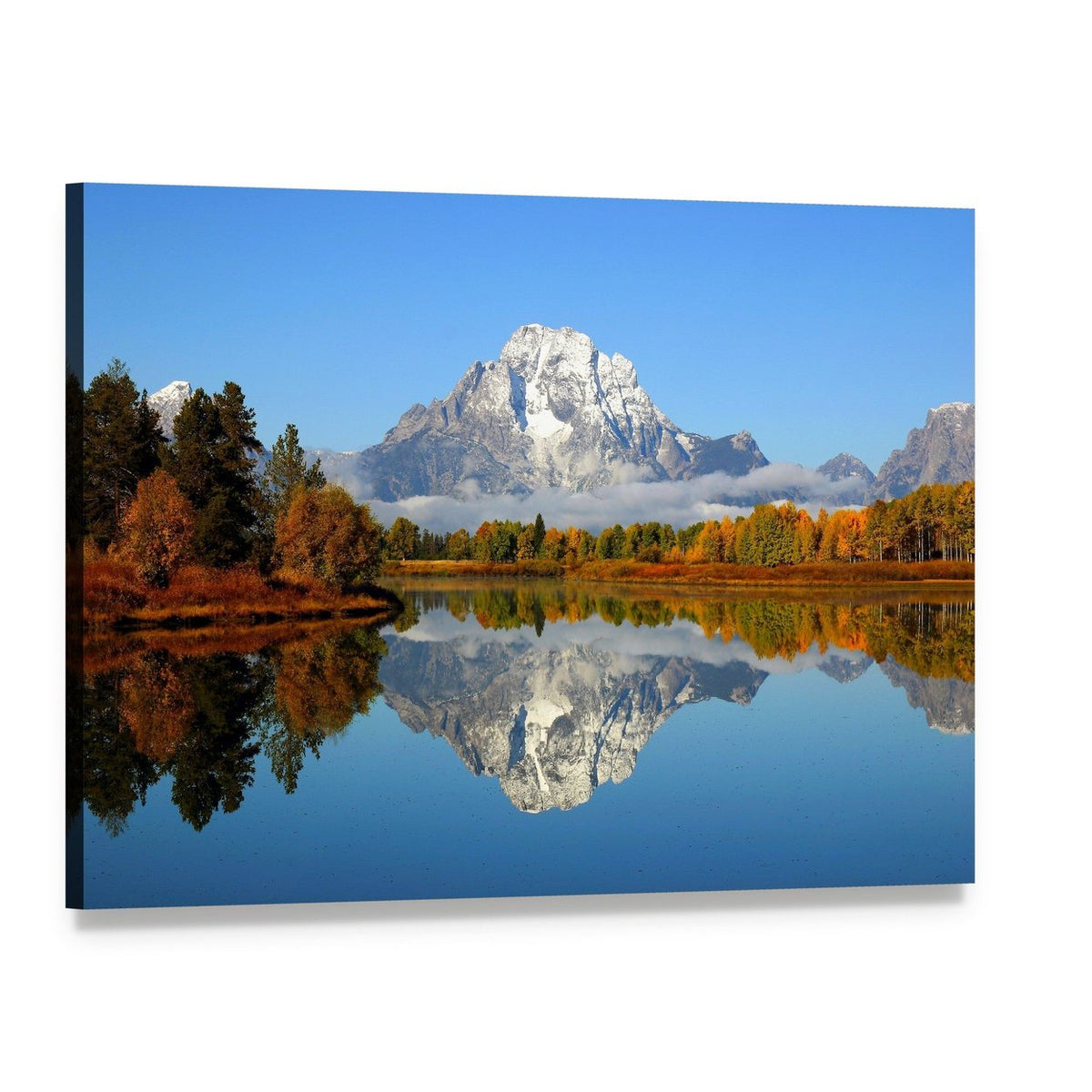 Snow-capped Mountain Reflection in Autumn Lake Canvas Wall Art, single panel gallery wrapped canvas, angled product view