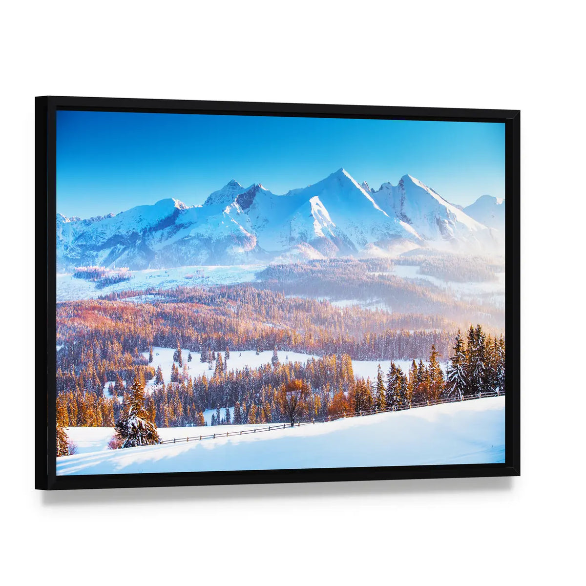 Snowy Mountain Peaks in Frosty Morning Canvas Wall Art, framed canvas in a black floater frame, angled product view