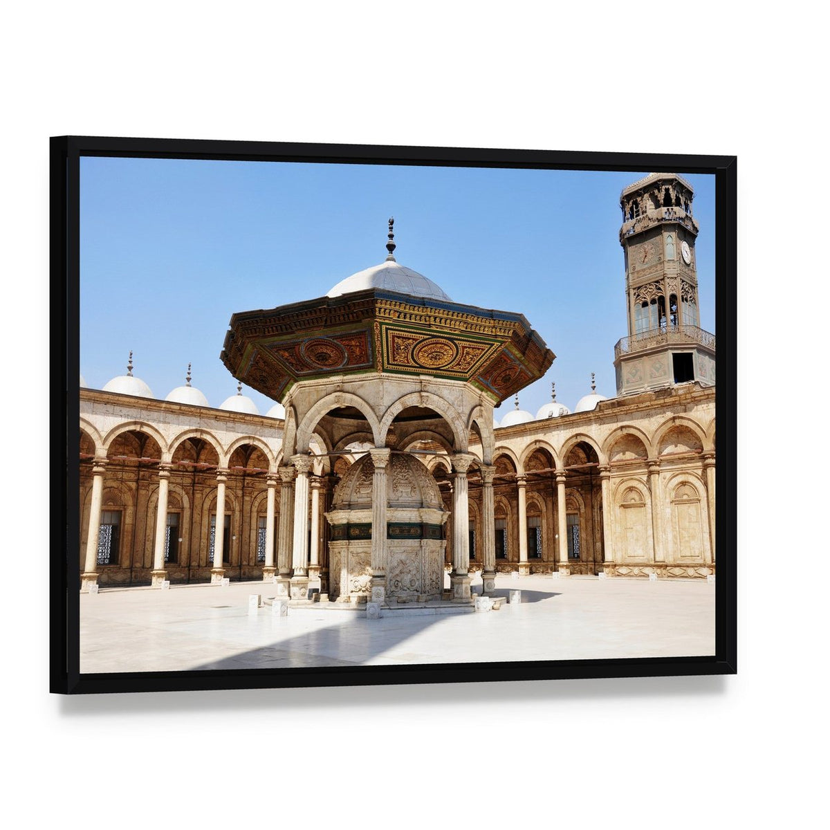 Omayyad Mosque Courtyard Canvas Wall Art, framed canvas in a black floater frame, angled product view