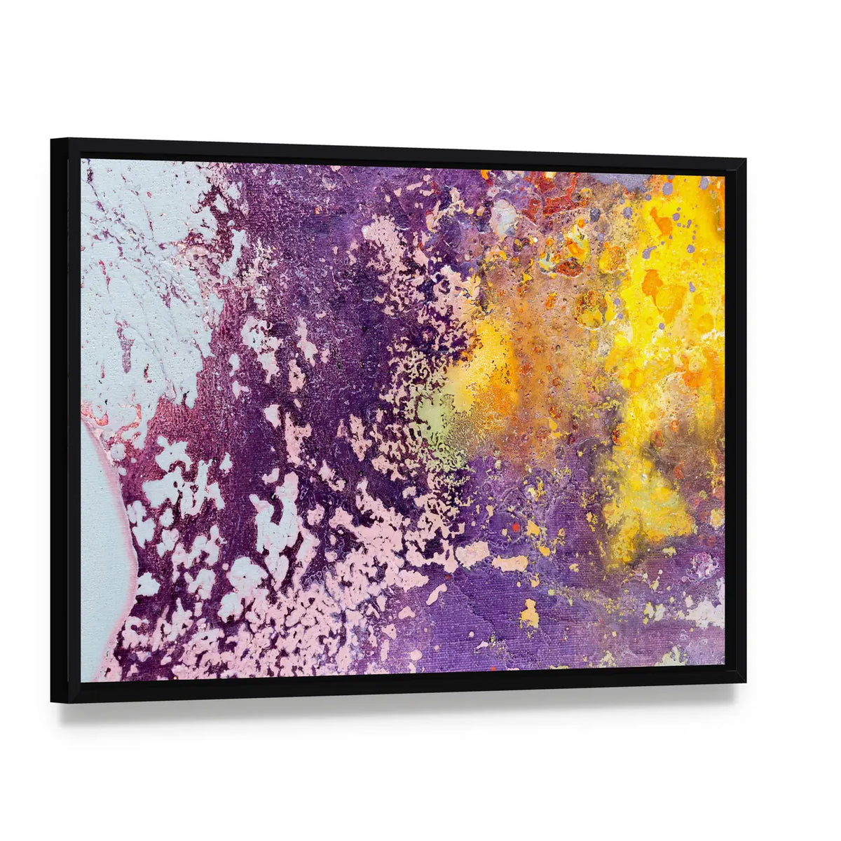 Purple and Yellow Abstract Texture Canvas Wall Art, framed canvas in a black floater frame, angled product view