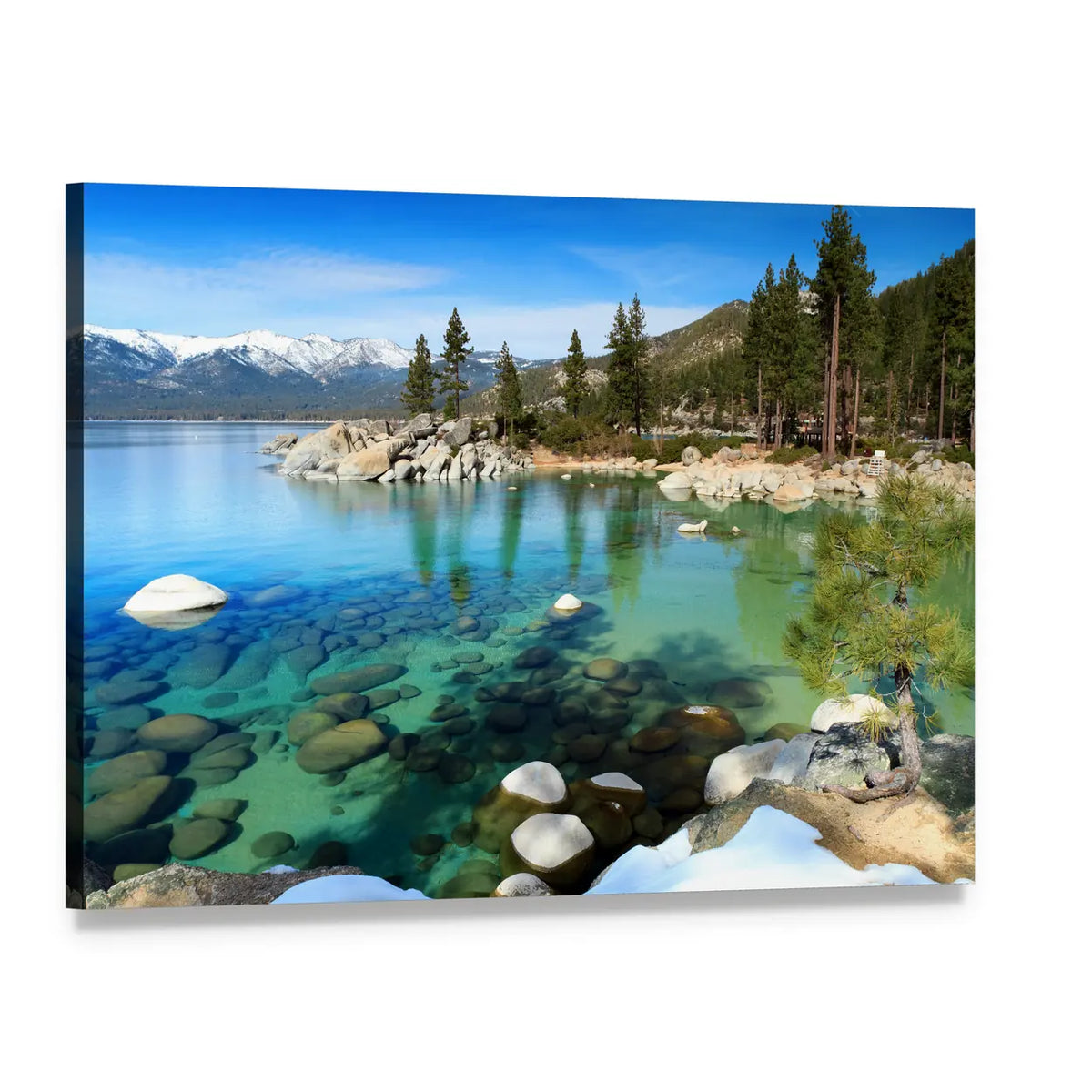 Lake Tahoe Turquoise Lake and Snowy Peaks Canvas Wall Art, single panel gallery wrapped canvas, angled product view
