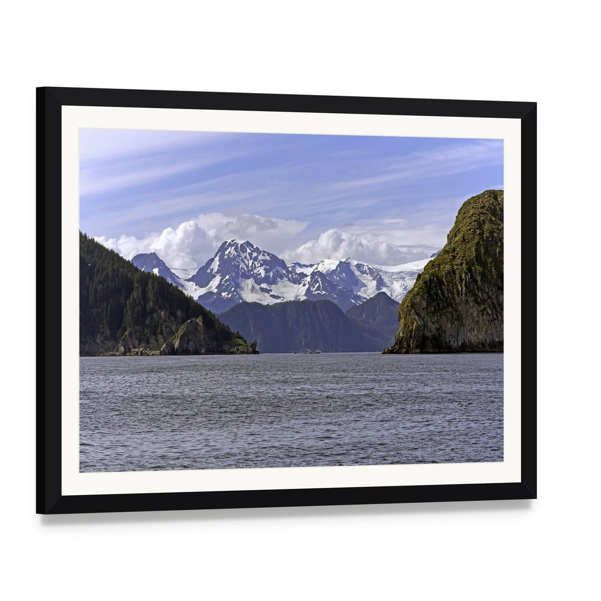 Resurrection Bay Near Seward, Alaska Canvas Wall Art, framed print with white mat and black frame, angled product view