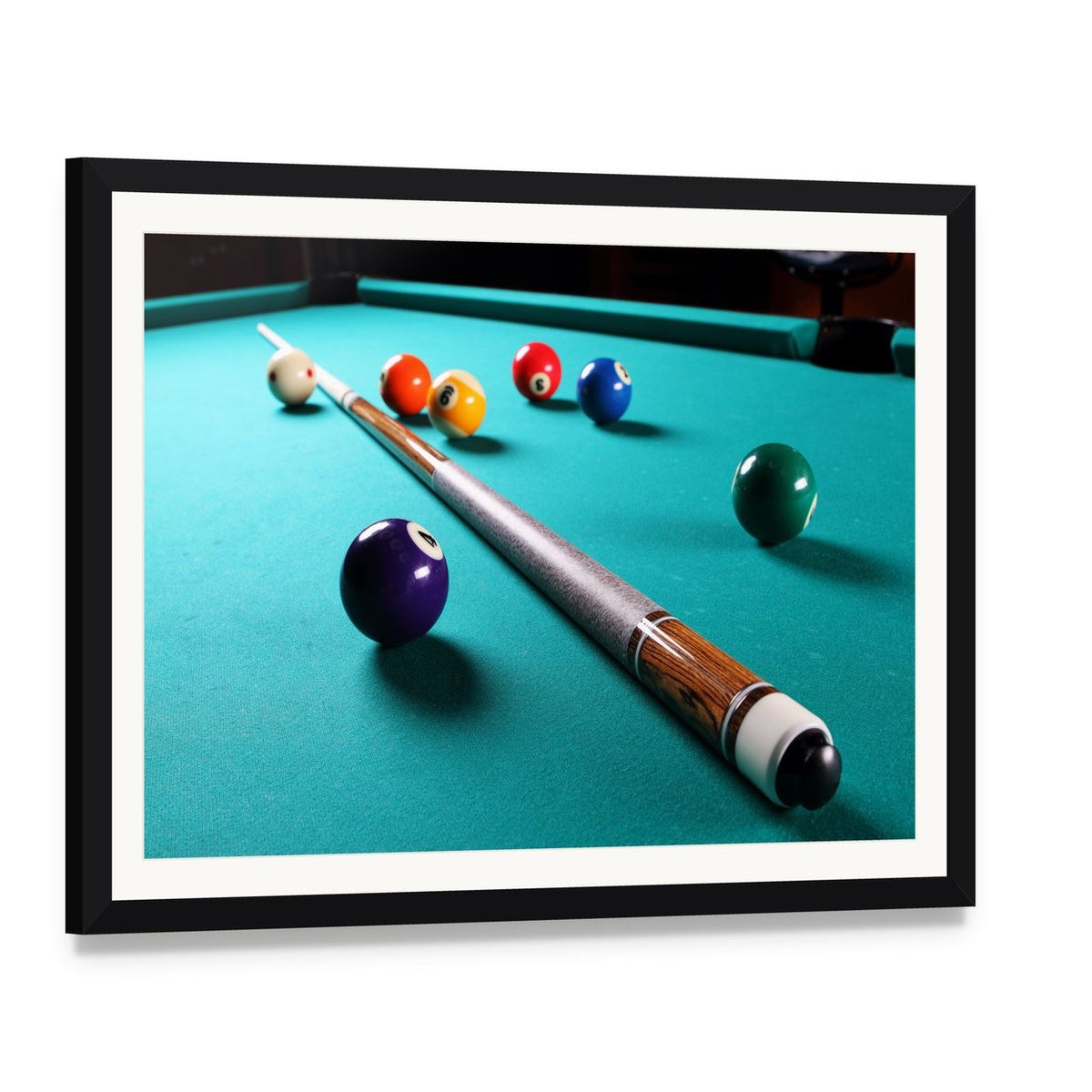 Billiard Table with Equipment Canvas Wall Art, framed print with white mat and black frame, angled product view