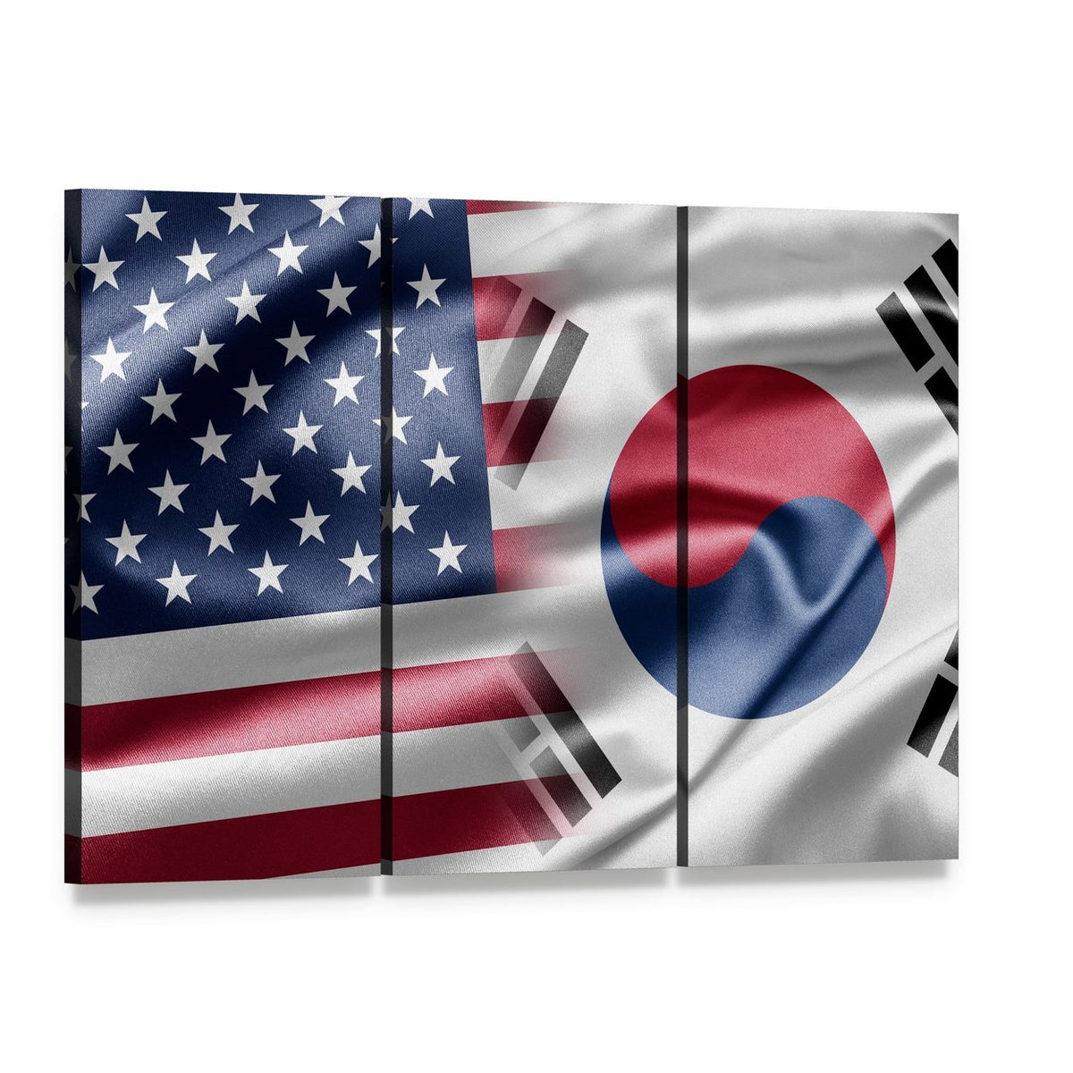 United States and South Korea Flags Canvas Wall Art, 3 panel 3 Horizontal layout gallery wrapped canvas set, angled product view