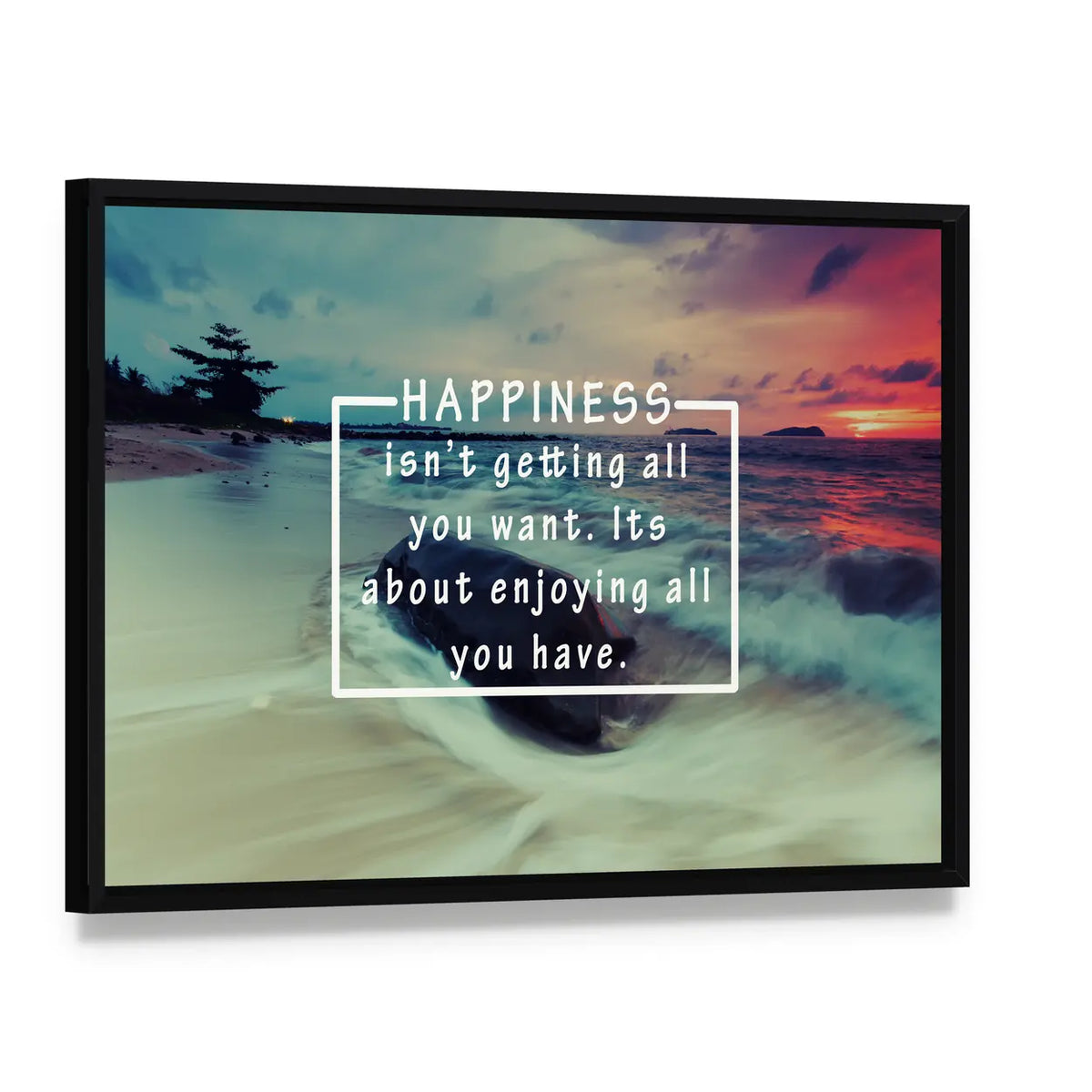 Happiness Quote Over Sunset Beach Canvas Wall Art, framed canvas in a black floater frame, angled product view