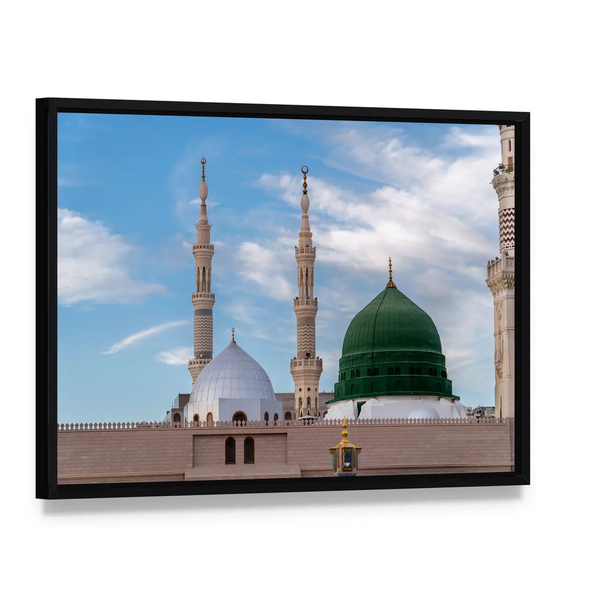 Green Dome with Minarets, Medina Canvas Wall Art, framed canvas in a black floater frame, angled product view