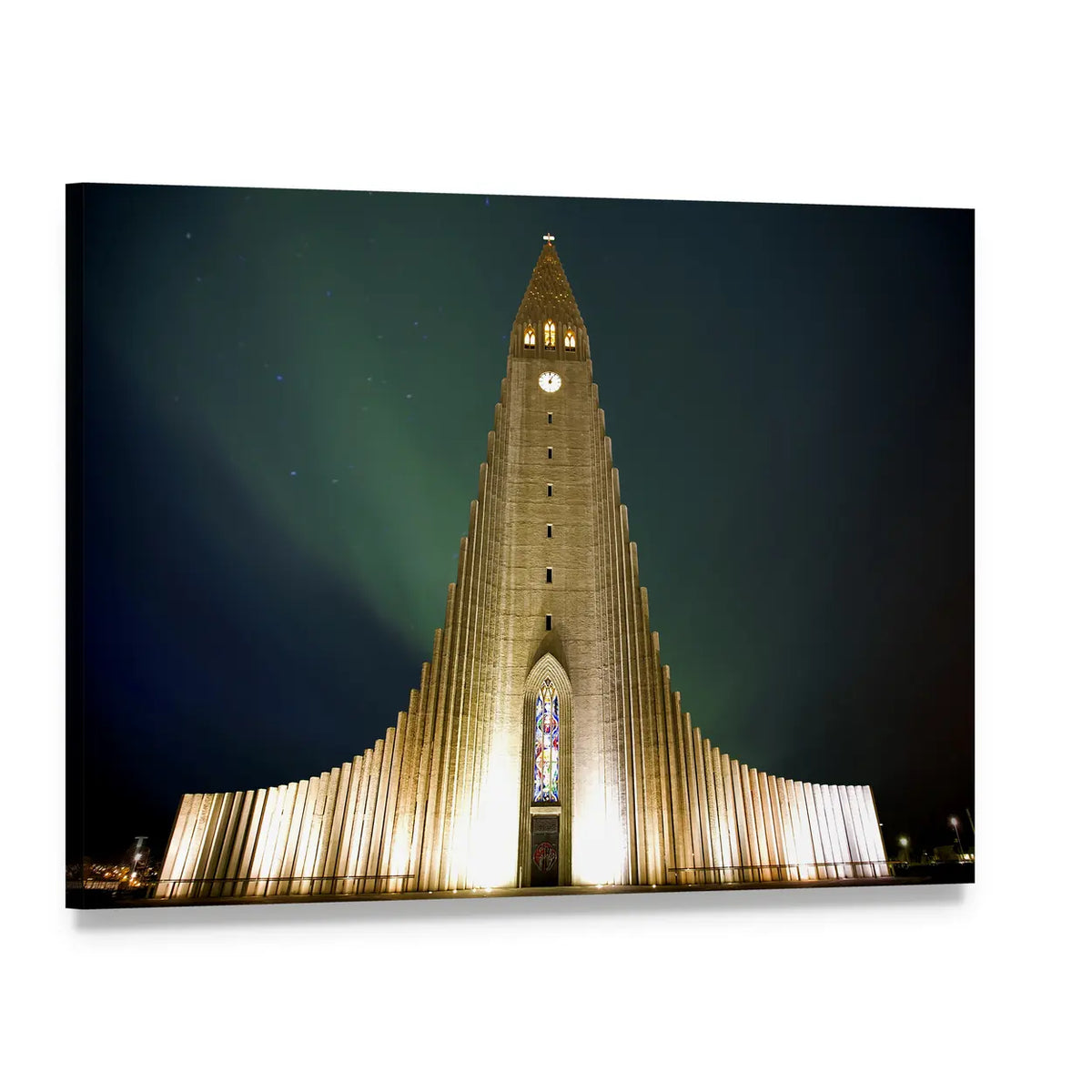 Hallgrímskirkja in Reykjavik Under Northern Lights Canvas Wall Art, single panel gallery wrapped canvas, angled product view