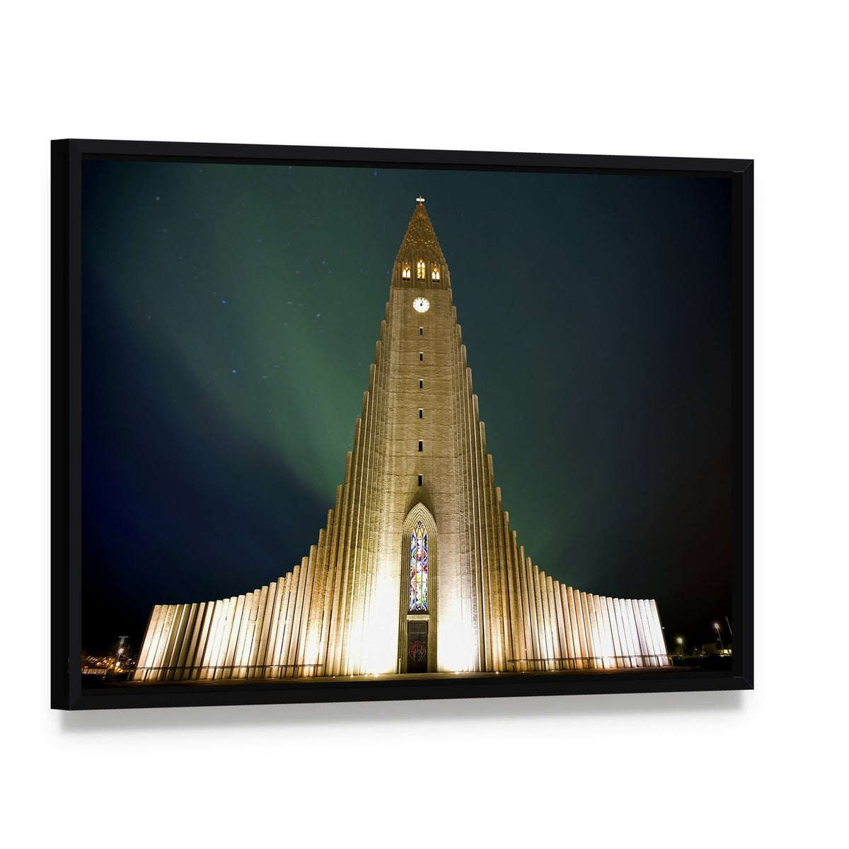 Hallgrímskirkja Church Under Northern Lights Canvas Wall Art, framed canvas in a black floater frame, angled product view
