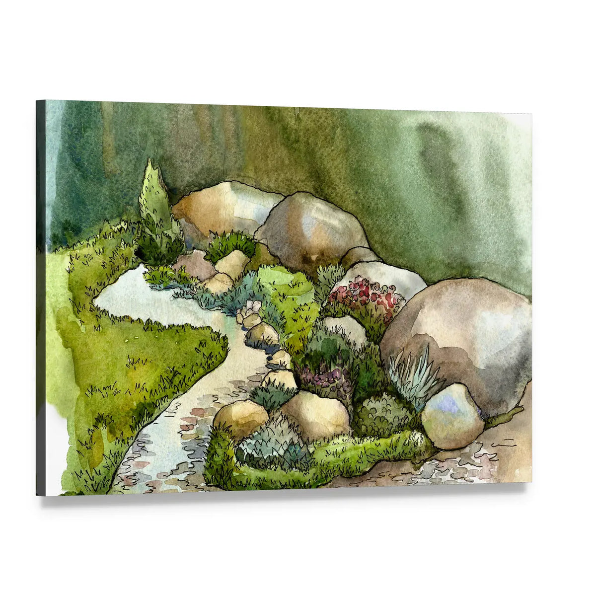 Watercolor Creek in Rock Garden Canvas Wall Art, single panel gallery wrapped canvas, angled product view