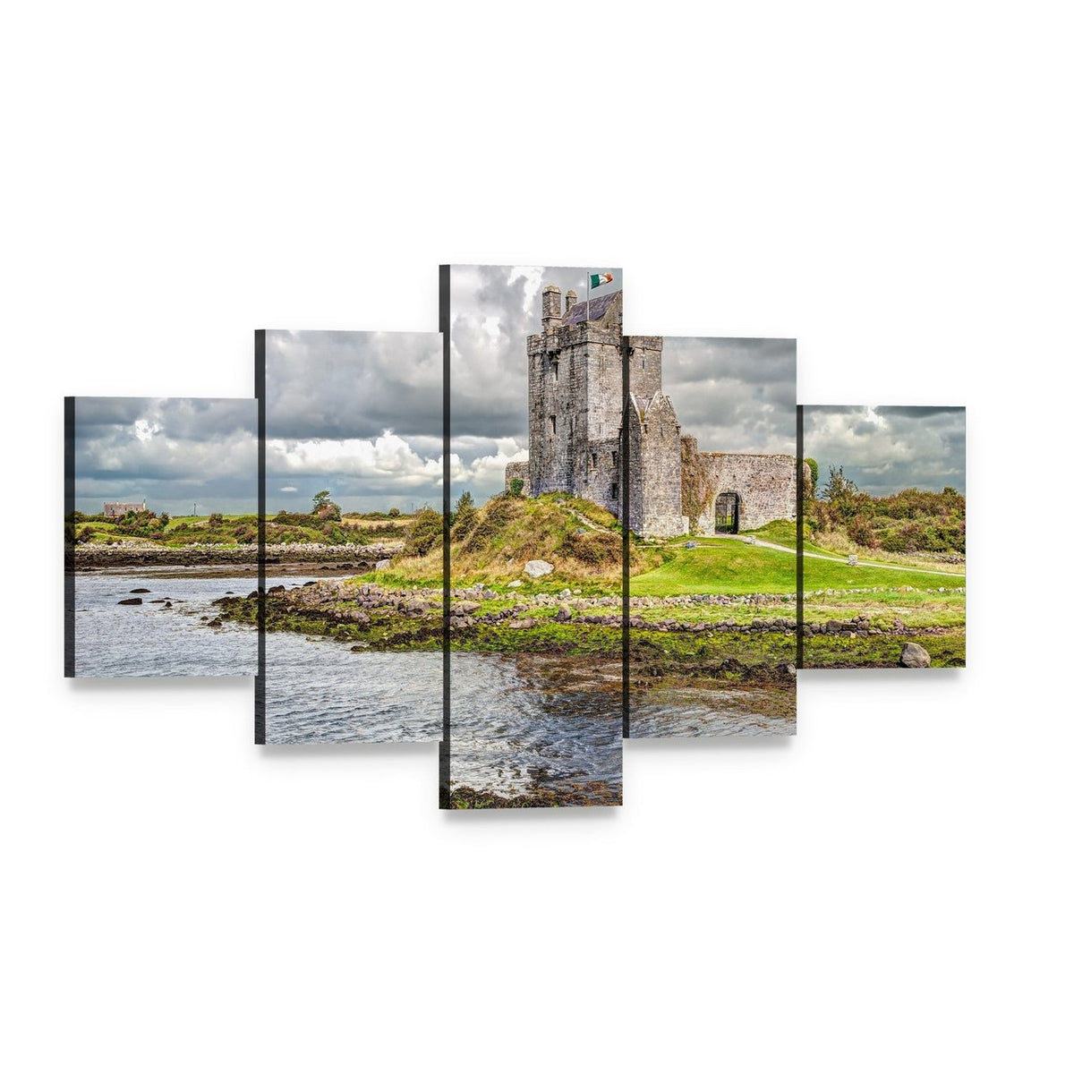 Dunguaire Castle Over Rocky Shoreline Canvas Wall Art, 5 panel 5 Star layout gallery wrapped canvas set, angled product view