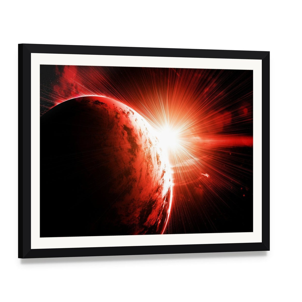 Red Gasy Planet with Its Star Canvas Wall Art, framed print with white mat and black frame, angled product view