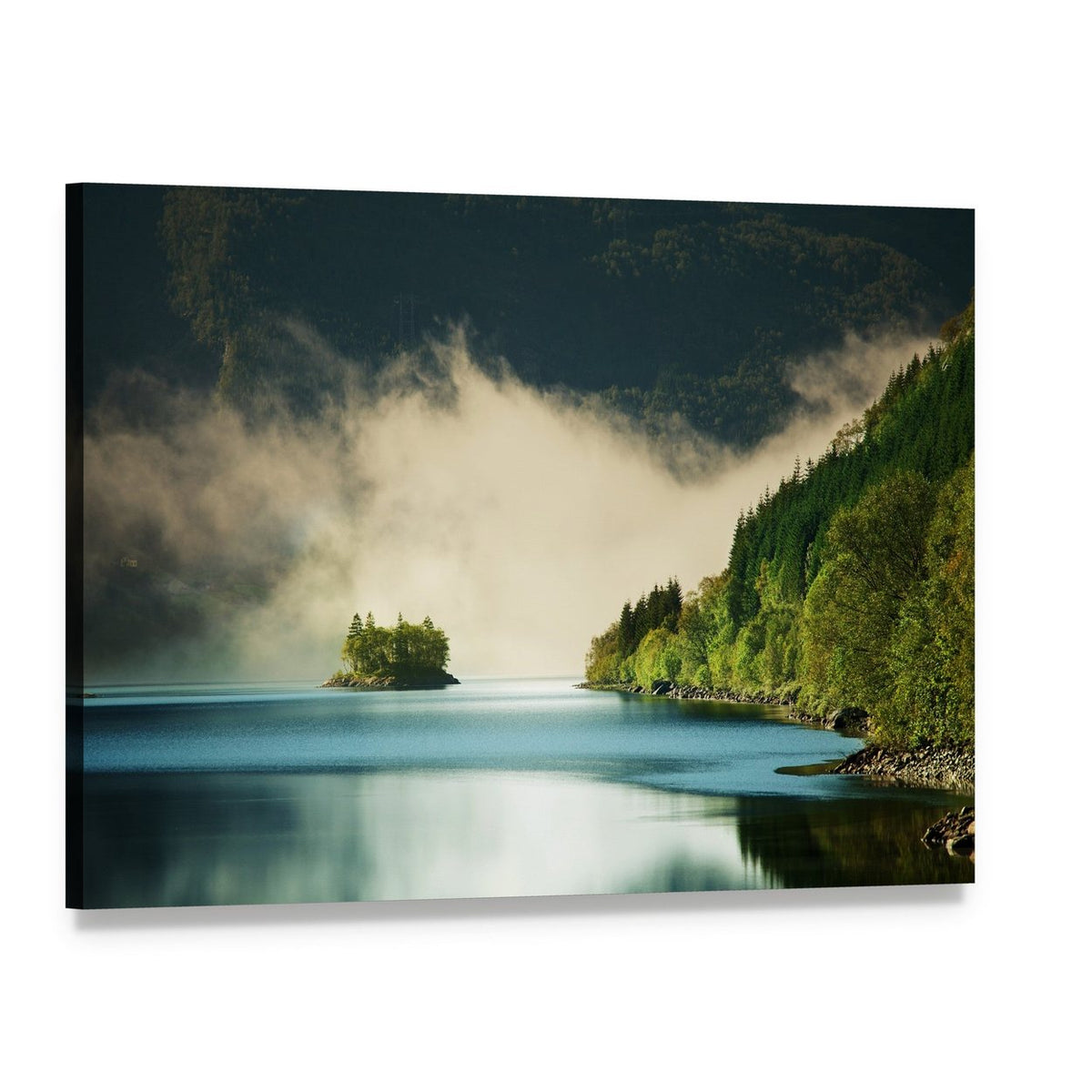 Misty Lake with Solitary Wooded Island Canvas Wall Art, single panel gallery wrapped canvas, angled product view