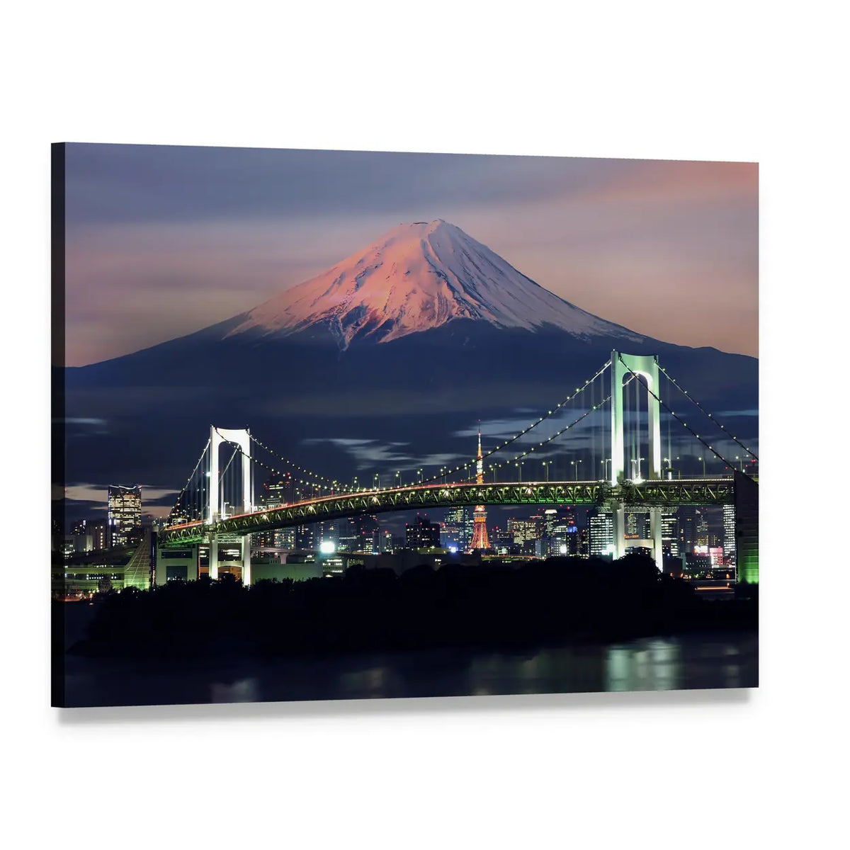 Surreal Mount Fuji and Rainbow Bridge Canvas Wall Art, single panel gallery wrapped canvas, angled product view