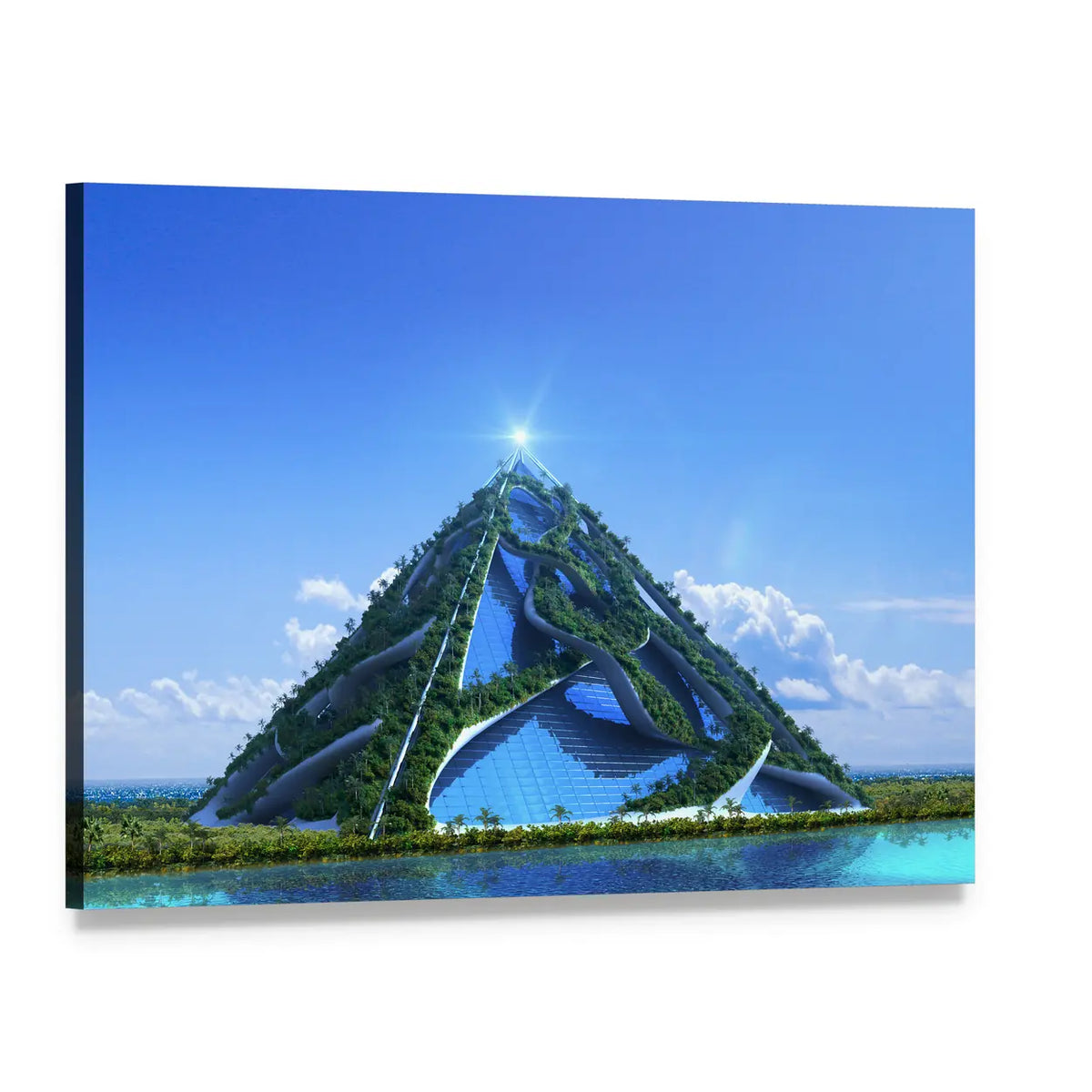 3d Futuristic Glass Pyramid Canvas Wall Art, single panel gallery wrapped canvas, angled product view
