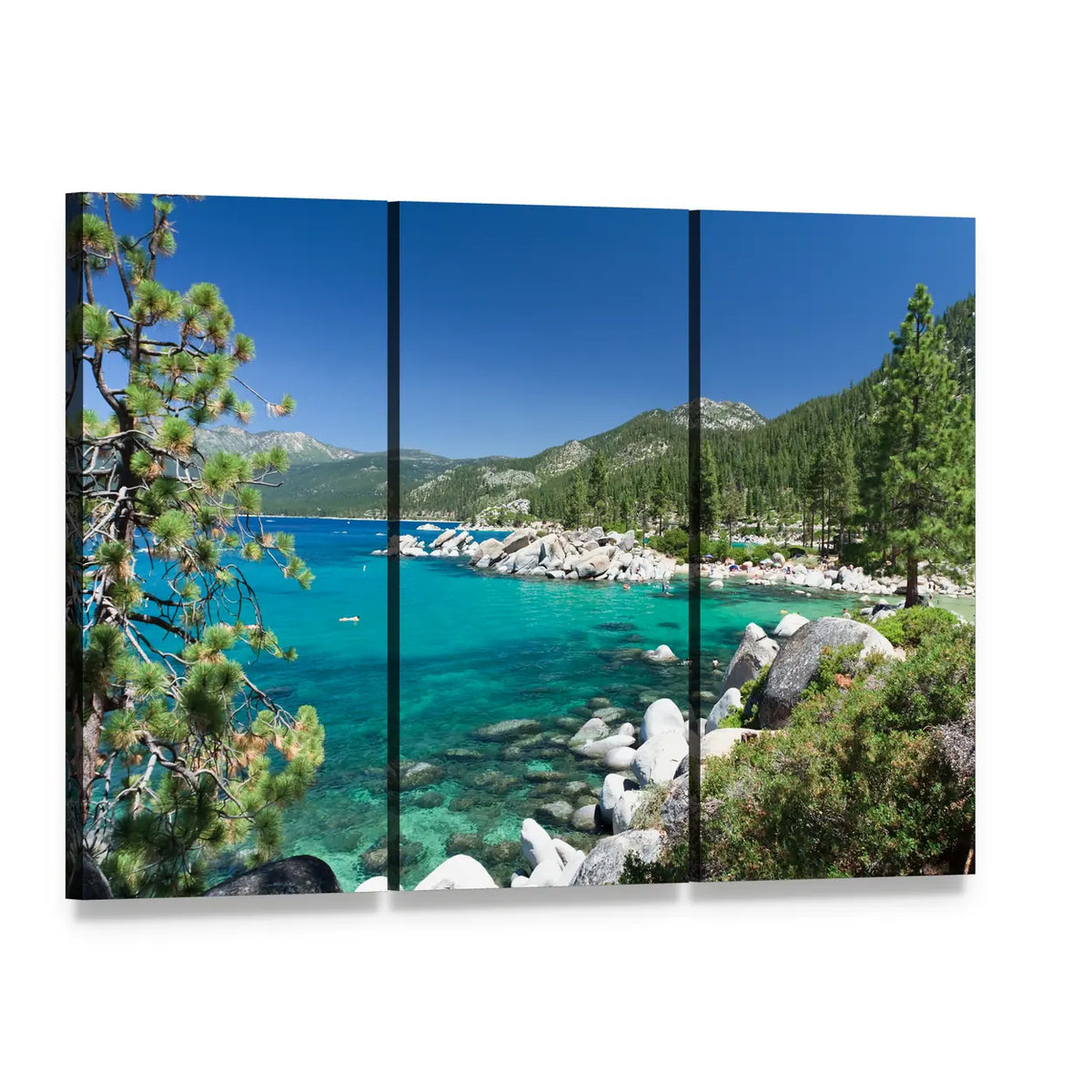 Lake Tahoe California Canvas Wall Art, 3 panel 3 Horizontal layout gallery wrapped canvas set, angled product view
