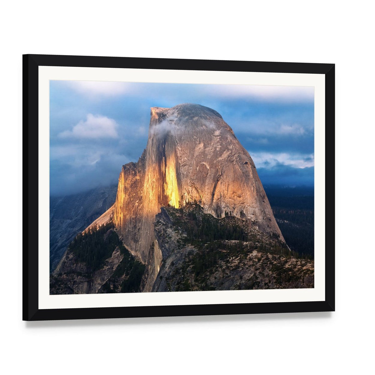 Half Dome at Sunset in Yosemite Canvas Wall Art, framed print with white mat and black frame, angled product view