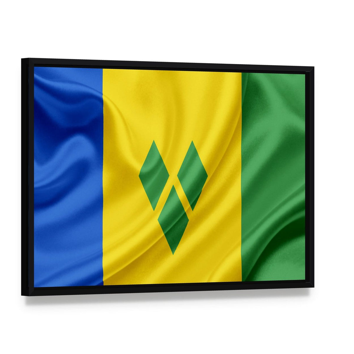 Saint Vincent and the Grenadines Waving Flag Canvas Wall Art, framed canvas in a black floater frame, angled product view