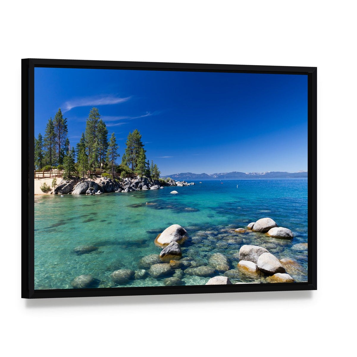 Lake Tahoe Landscape Canvas Wall Art, framed canvas in a black floater frame, angled product view