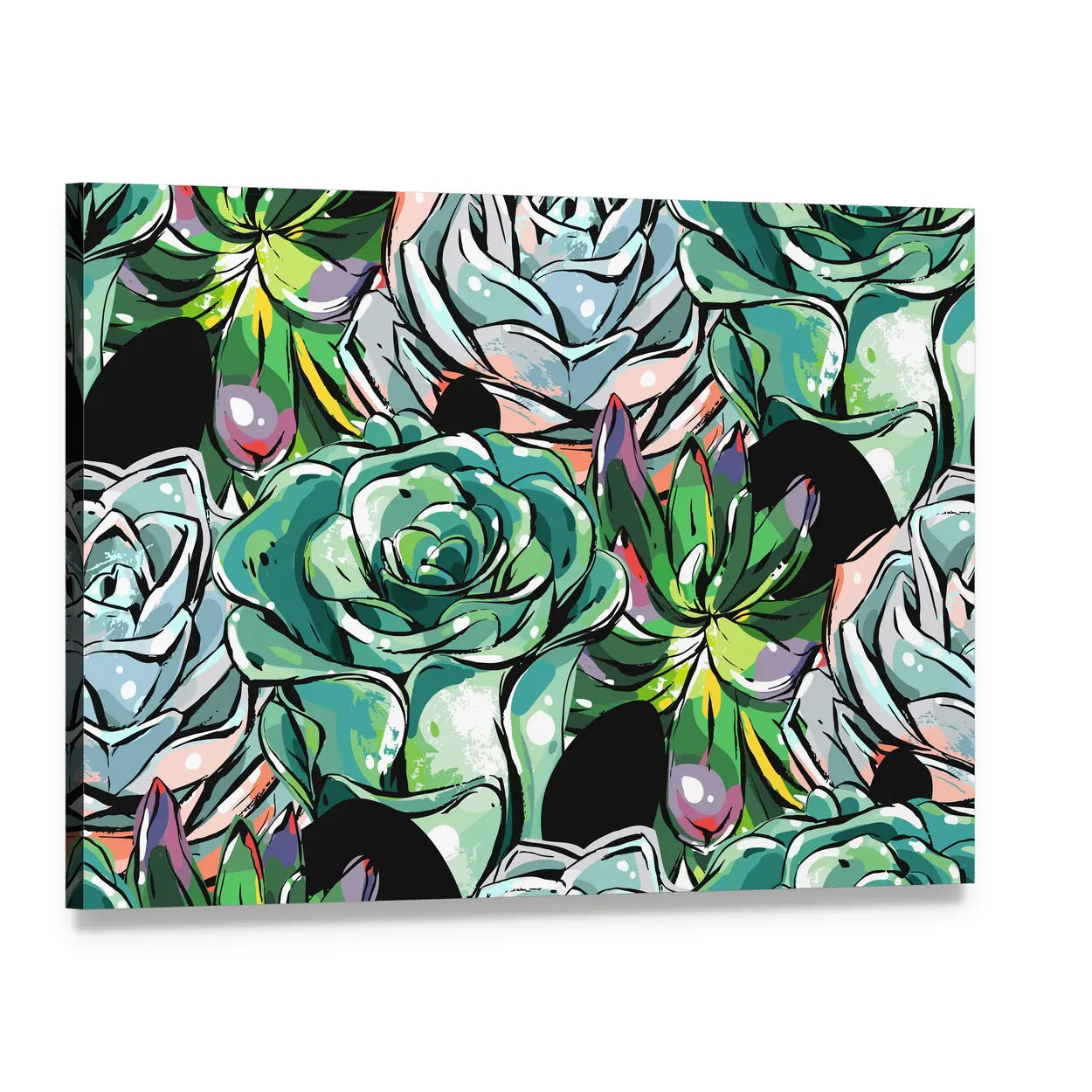 Succulent Rosettes Abstract Pattern Canvas Wall Art, single panel gallery wrapped canvas, angled product view